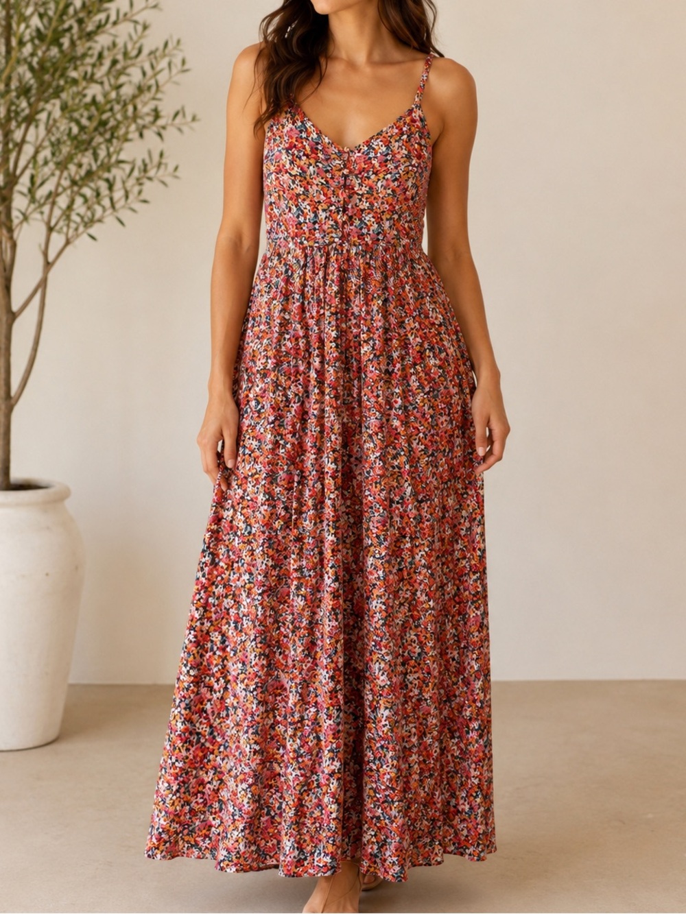 Promod Floral Maxi Dress Boho Button Front Smocked Tie Back Sleeveless Size 2